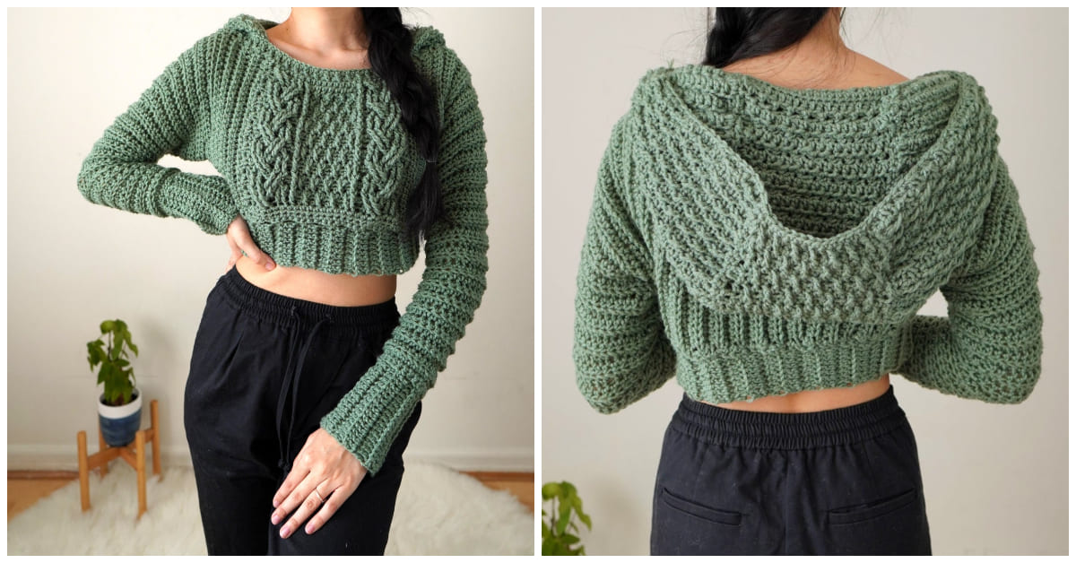 Crochet cable stitched cropped hoodie