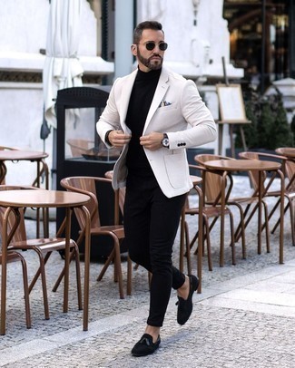 White Blazer With Full Black Outfit