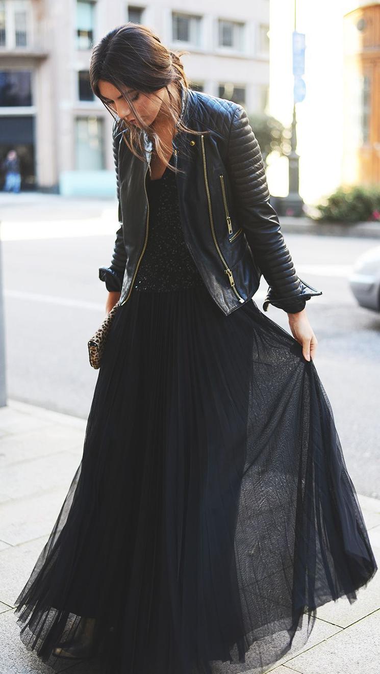 Leather Jacket With Black Long Skirt