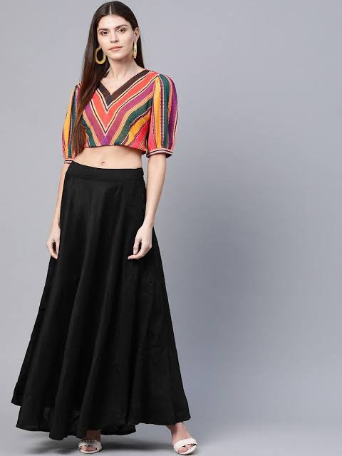 Multicolored Top With Black Long Skirt