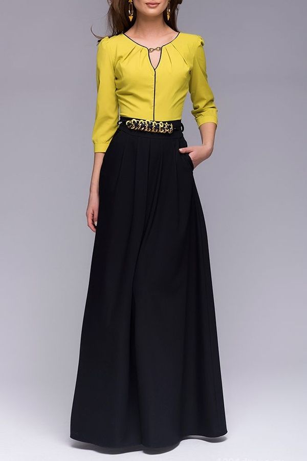 Yellow Top With Long Black Skirt