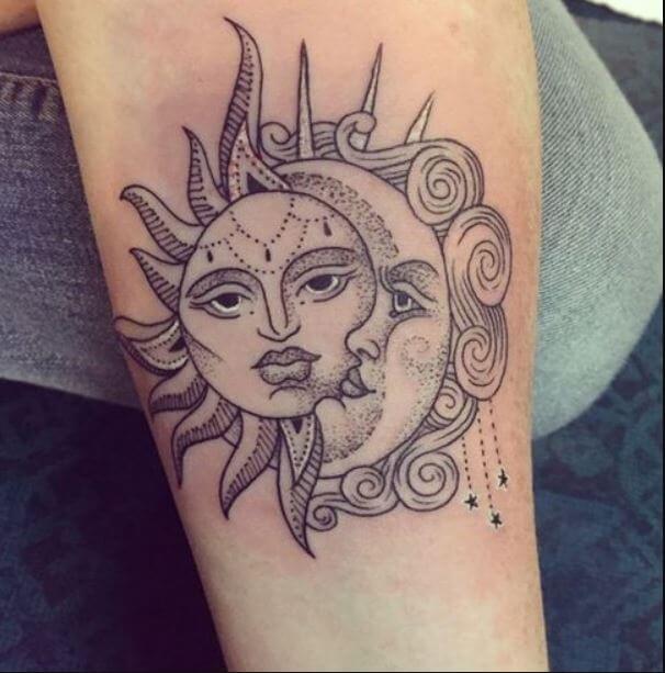 Moon and Sun Tattoo on forearm