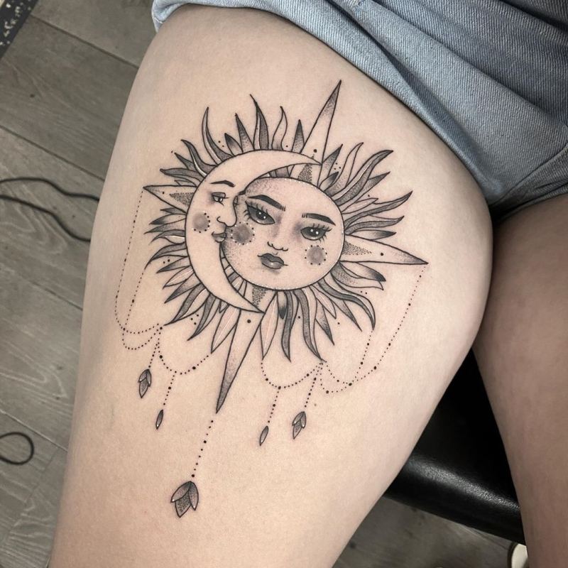 Moon and Sun Tattoo on thigh