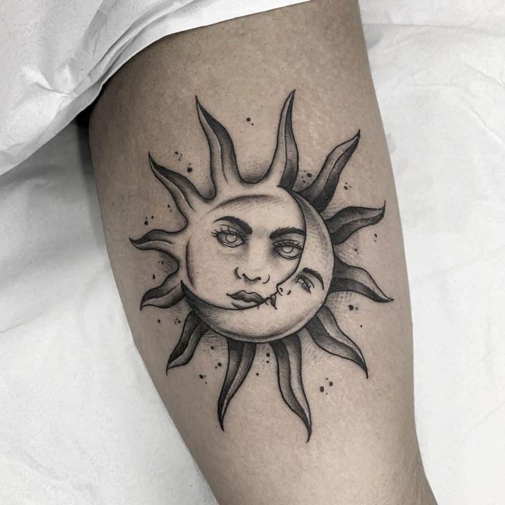 Moon and Sun Tattoos on Leg