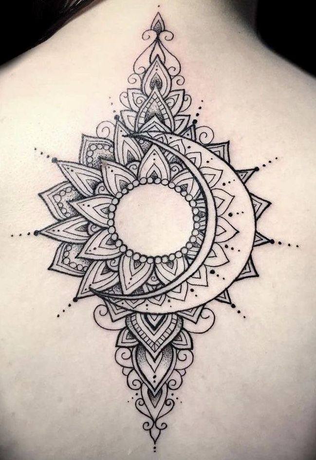 Moon and Sun Tattoos on Upper Back