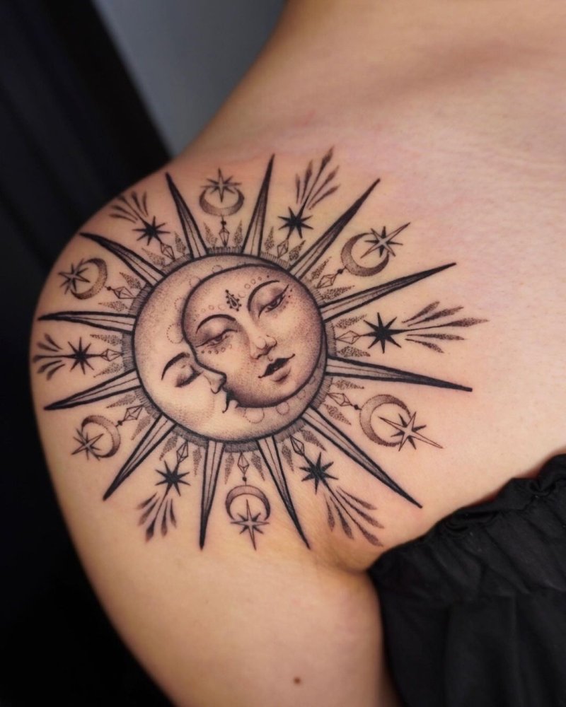 Sun and Monn Tattoo on Shoulder