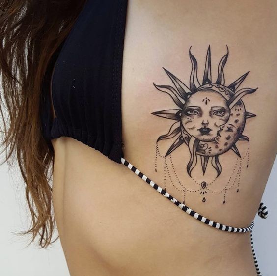 Sun and Moon Tattoos on Side Breast