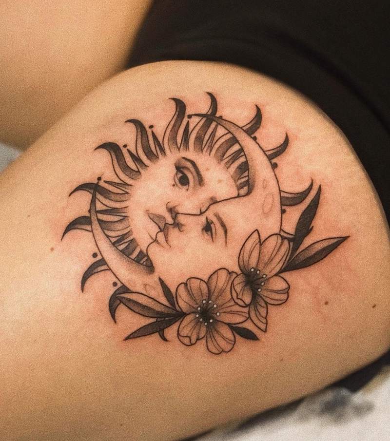 Sun and Moon Tattoos on Thighs