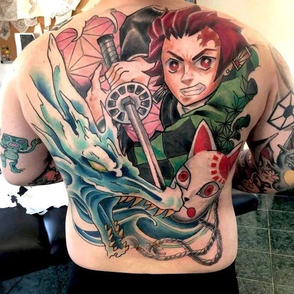 Demon Slayer Vibrant Back Tattoo Idea